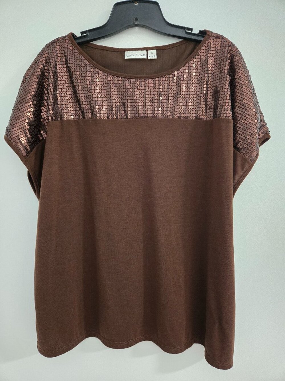 John Paul Richard Women's XL Brown Sheer Sequin Short Sleeve T-Shirt, Y2K